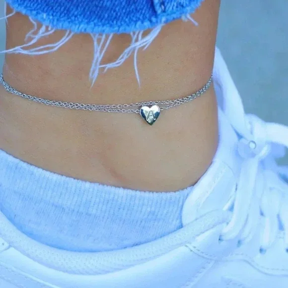 SILVER INITIAL ANKLET ❤️HEART CHARM PERSONALIZED ALPHABET DAINTY, ELDM22336 - Picture 7 of 12